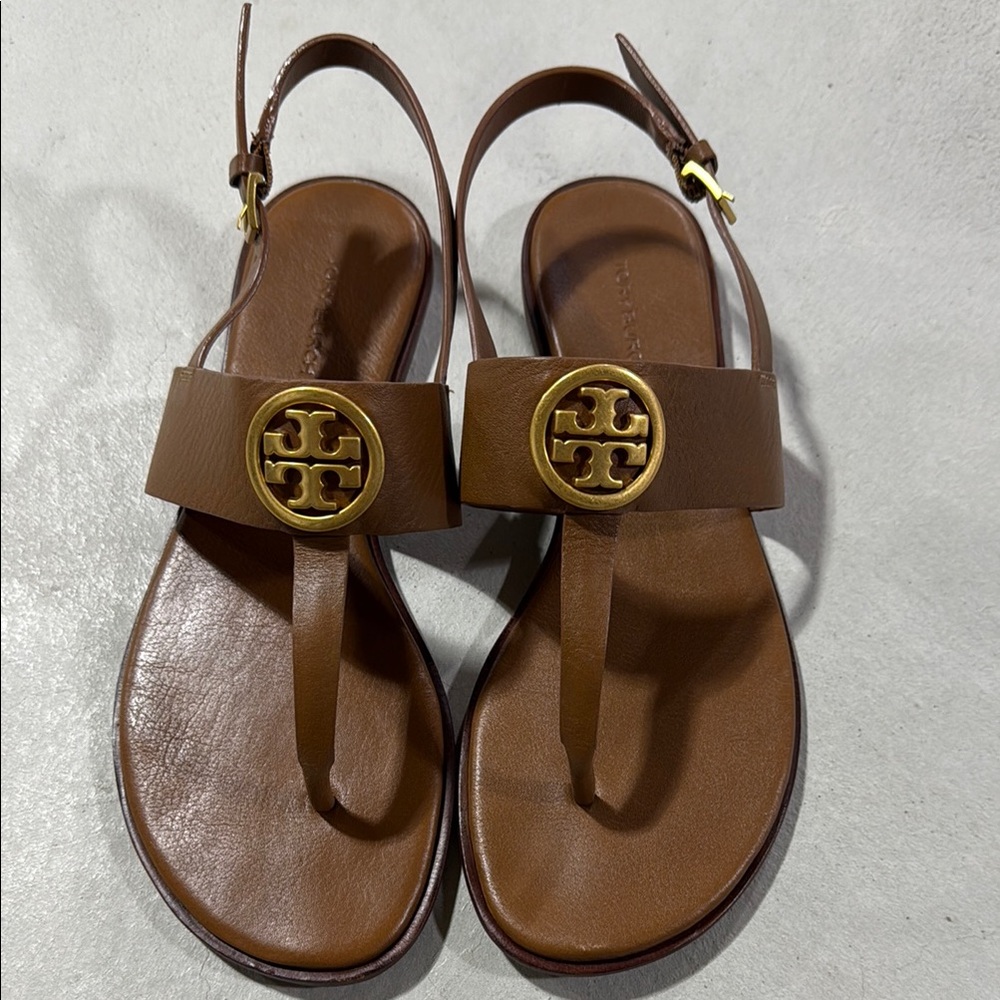 Tory Burch Brown Leather Sandals with Gold Logo
